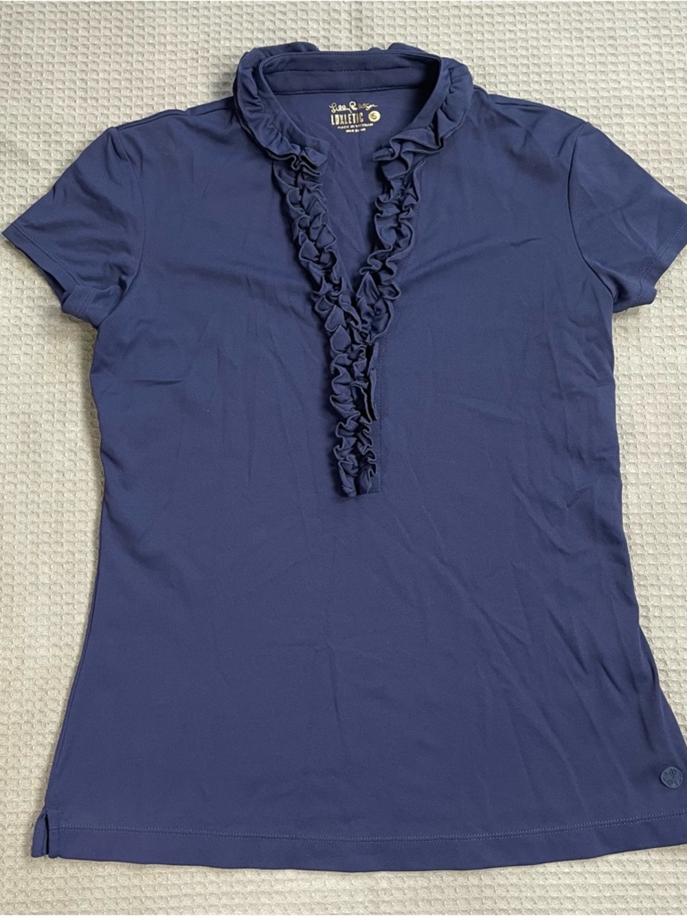 Lilly Pulitzer Luxletic Frida Ruffle Polo Shirt Small Womens Navy Blue UPF